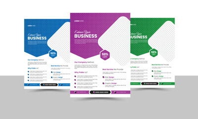 Corporate business flyer template design set with green, blue, and pink colors variation. organic shape modern creative unique idea cover brochure a4 size half page flyer background for company