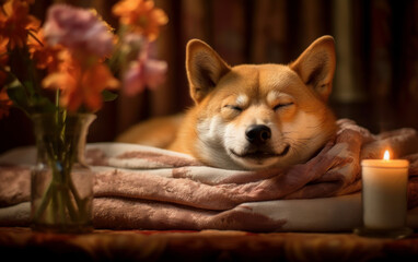 Peaceful Puppy Pampering: Sleeping Shiba Inu Dog in Spa Environment - Generative AI