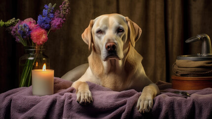 Canine Retreat: Labrador Retriever Enjoys Serene Pampering in Towel-covered Spa Haven. Generative AI