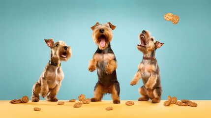 Focused Airedale Terriers Engaged in Treat Catching Session. Generative AI