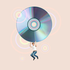 Young man jumping with CD disc over pink background. Party, music player. Contemporary art collage....
