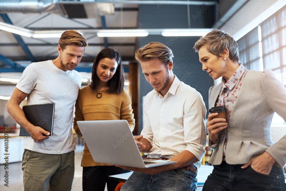 Poster business people, startup team and laptop with talking, planning and brainstorming together in office