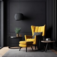 Yellow Armchair in a Black Living Room with Copyspace. Generative AI