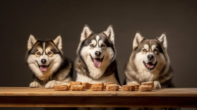 3 Playful Alaskan Malamute Dogs with Treats in Isolated Background. Generative AI