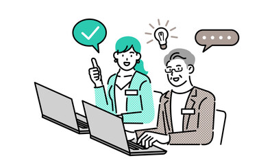 man sitting at laptop talking to woman office worker
