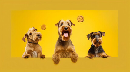 Pure Joy: Airedale Terriers Catching Treats in Studio Environment. Generative AI