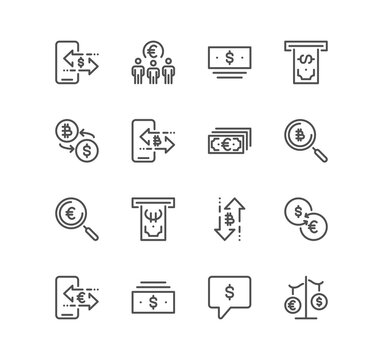 Set of finance related icons, money, stock market, contract, exchange, goal, target, bank safe, savings, investment, currency, earnings, income, revenue and linear variety symbols.