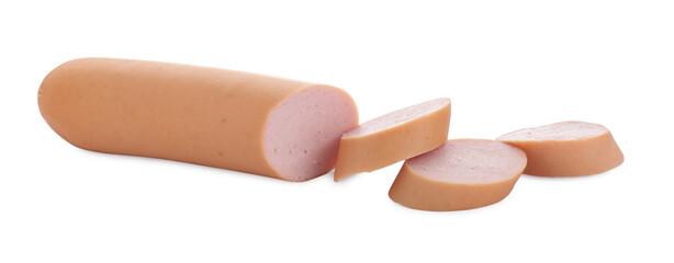 Cut fresh sausage on white background. Meat product