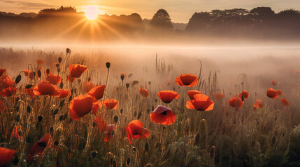 Fototapeta na wymiar Red poppy field in morning