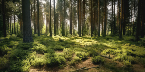 Obraz premium Woodland meadow landscape. Evergreen, deep forest with sunlight. Summer nature background, wallpaper. Generative ai