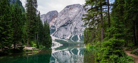 Impressively beautiful fairy-tale mountain lake in Italian Alps. Breathtaking Scene. Panoramic view...