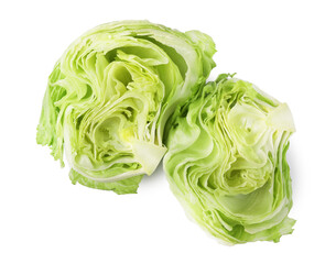 Halves of fresh green iceberg lettuce isolated on white, top view
