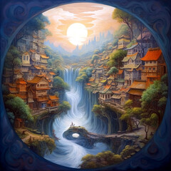 Variation on the yin yang theme with town and nature. Perfect harmony. Ai illustration, fantasy digital painting, Generative AI