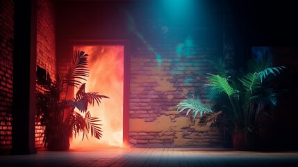 Background of an empty room with brick walls and neon lights. Silhouettes of tropical leaves, colorful smoke. Generative ai.