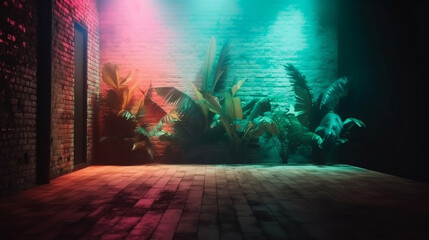 Background of an empty room with brick walls and neon lights. Silhouettes of tropical leaves, colorful smoke. Generative ai.