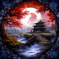 Variation on the yin yang theme with town and nature. Perfect harmony. Ai illustration, fantasy digital painting, Generative AI