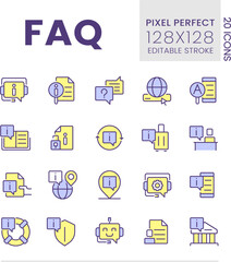 FAQ pixel perfect RGB color icons set. List of answers and questions. Information base. Isolated vector illustrations. Simple filled line drawings collection. Editable stroke. Poppins font used