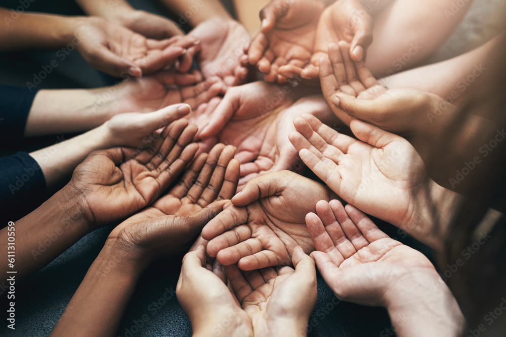 Aufkleber people, hands and team with circle palm for growing in a start up in a community with trust. group, 