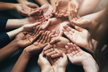 People, hands and team with circle palm for growing in a start up in a community with trust. Group,...