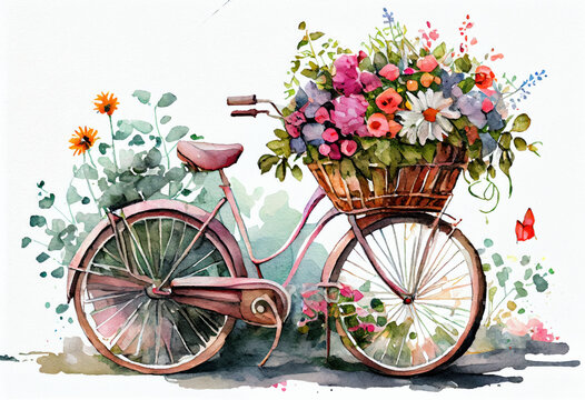 Watercolor painting of a bicycle full of flowers. Generative AI.