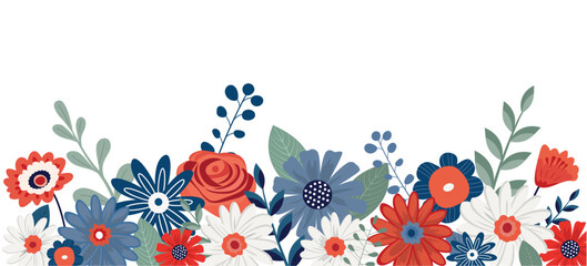 American patriotic floral border bouquet. Vector illustration. Isolated on white background. 4th of July themed holiday design.
