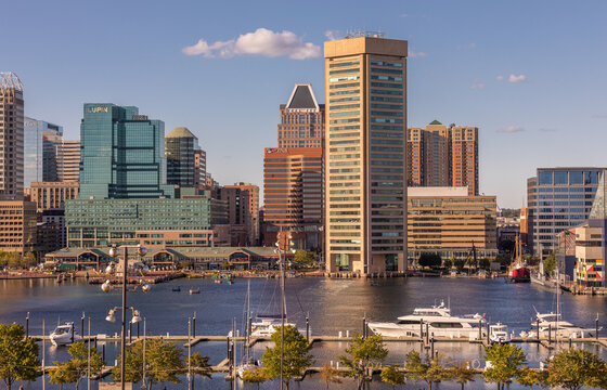 Baltimore, Maryland - October 04, 2019: View Of Inner Harbor And Downtown Skyline Aerial In Baltimore, MD