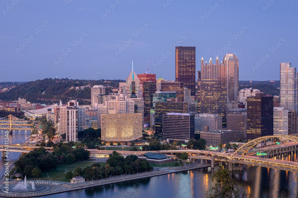 Sticker Cityscape of Pittsburgh and Evening Light. Fort Pitt Bridge in the Background. Beautiful Pittsburgh Skyline