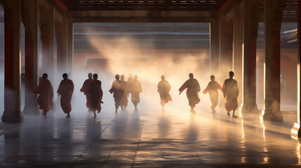 monks walking on temple. generative ai - obrazy, fototapety, plakaty