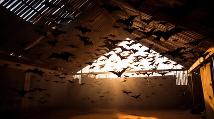 colony of bats flying on shed. generative ai