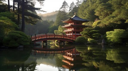 Japanese temple on lake. Asia travel. generative ai