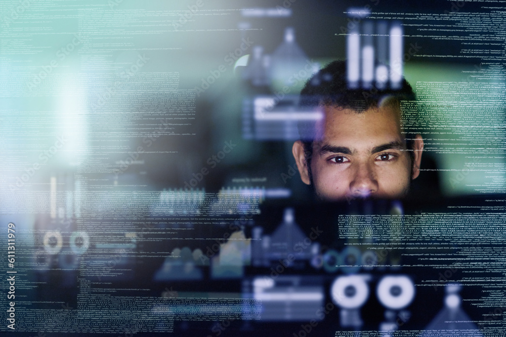Aufkleber Focus, man and programmer with hologram, code and futuristic with cyber security, digital software and data analytics. Male person, coder and technician with research, holographic and programming