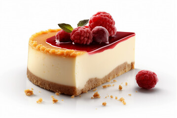 A piece of cheesecake on a white background.