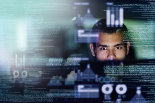 Focus, man and programmer with hologram, code and futuristic with cyber security, digital software and data analytics. Male person, coder and technician with research, holographic and programming