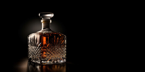 Glass bottle with alcohol on a dark background.