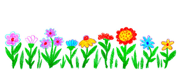 kid's drawing flowers hand drawn illustration with color wax crayons.