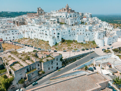 A drone flight over the white town of Ostuni in Italy's Pulja region in the south of the country. Historic city in Europe