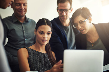 Computer, meeting and business people in group for website launch, online review and planning...