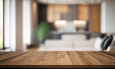 Wood table with blurred modern apartment interior background, Empty wooden tabletop with blurred living room background, Empty 