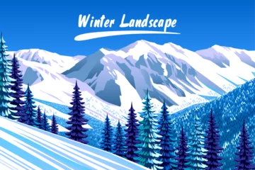 Wandcirkels aluminium Winter landscape with rocks, skiing slopes, forest and mountains in the background. Handmade drawing vector illustration. © alaver
