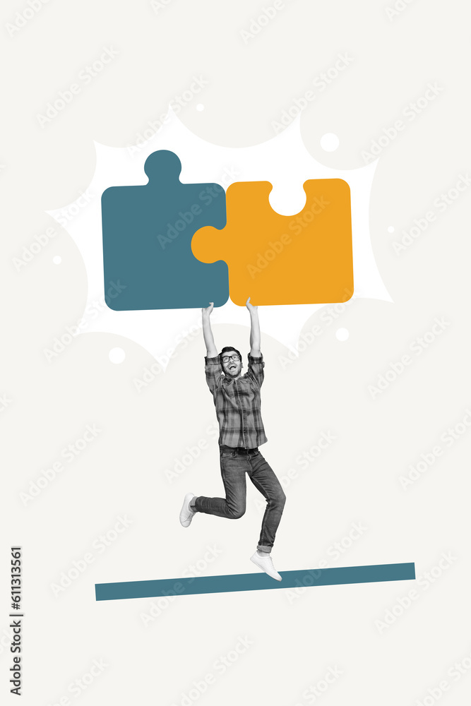 Aufkleber collage 3d pinup pop retro sketch image of excited funky guy winning jigsaw game isolated painting b