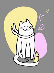 Vector doodle of a cute cat with a mouse. Linear drawing of a cat. The cat's logo.