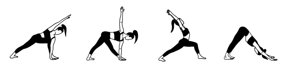 Flexibility yoga poses collection. Black and white. Female, lady, woman, girl. Meditation, pilates, mental health, training, gym. Vector illustration in cartoon flat style isolated on white background