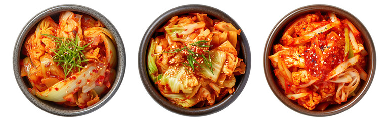 Korea food, Chinese cabbage kimchi on black bowl, top view with transparent background, Generative AI Technology - obrazy, fototapety, plakaty