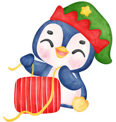 Cute adorable baby joyful penguin wrapping christmas present gift box cartoon character watercolor hand drawing 