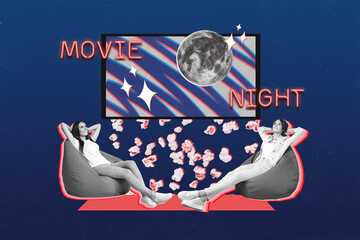 Collage image of two black white effect girls sit beanbag enjoy movie night flying popcorn isolated...