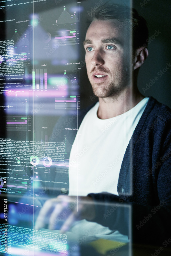 Poster Focus, man and programmer with hologram, cyber security and futuristic with digital software, research and data analytics. Male person, employee and consultant typing, holographic and programming