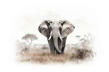 Elephant in the savannah double exposure illustration - Generative AI.