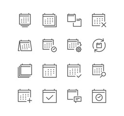 Set of calendar related icons, appointment, date settings, working schedule and linear variety symbols.	
