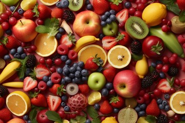 Fototapeta na wymiar Organic fruits. Healthy eating concept. Top view. Illustration. Generative AI.