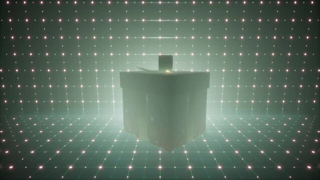 abstract gift box animation with moving grid background. Surprise present spinning in modern holographic background